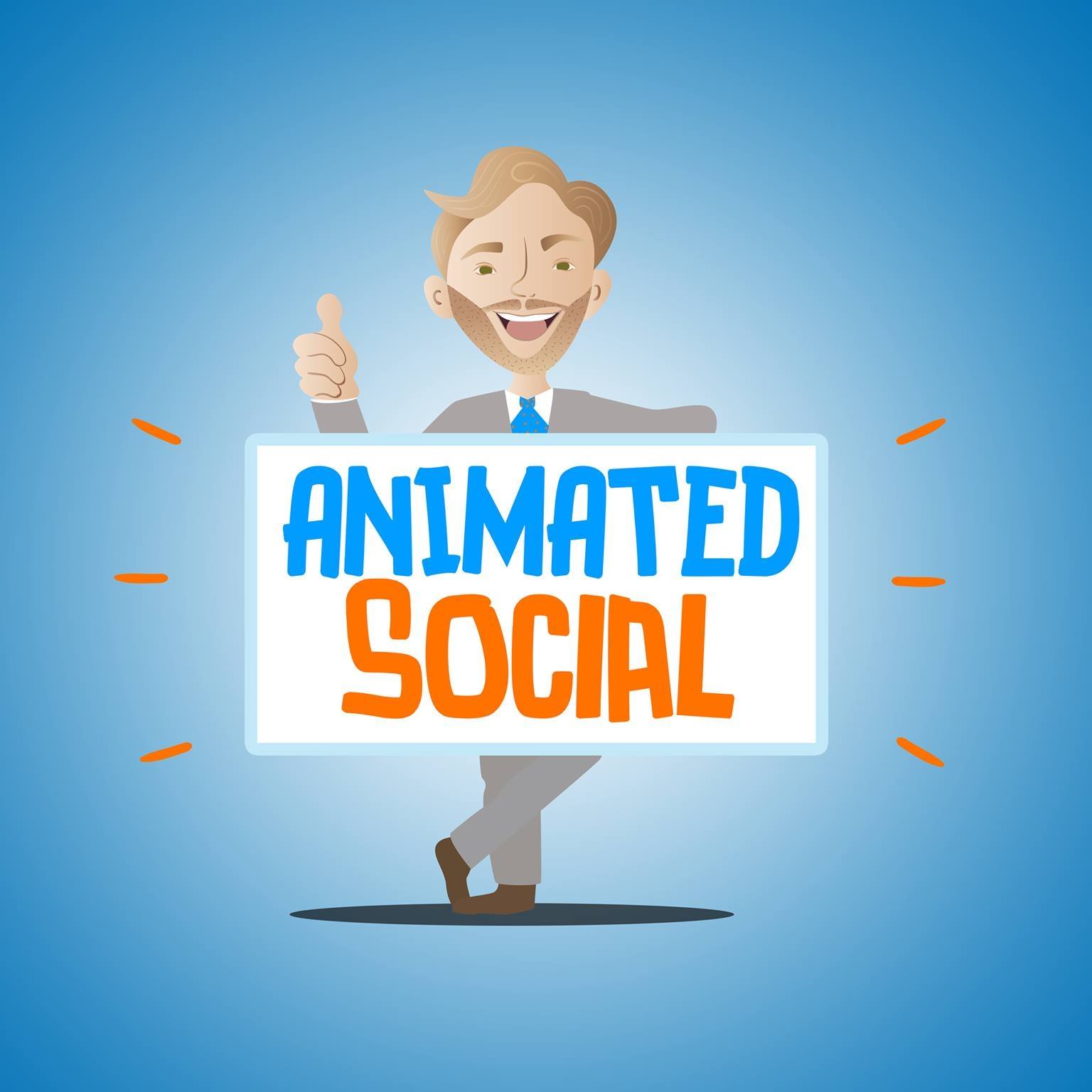 Cartoon man holding a sign with the brand name Animated Social